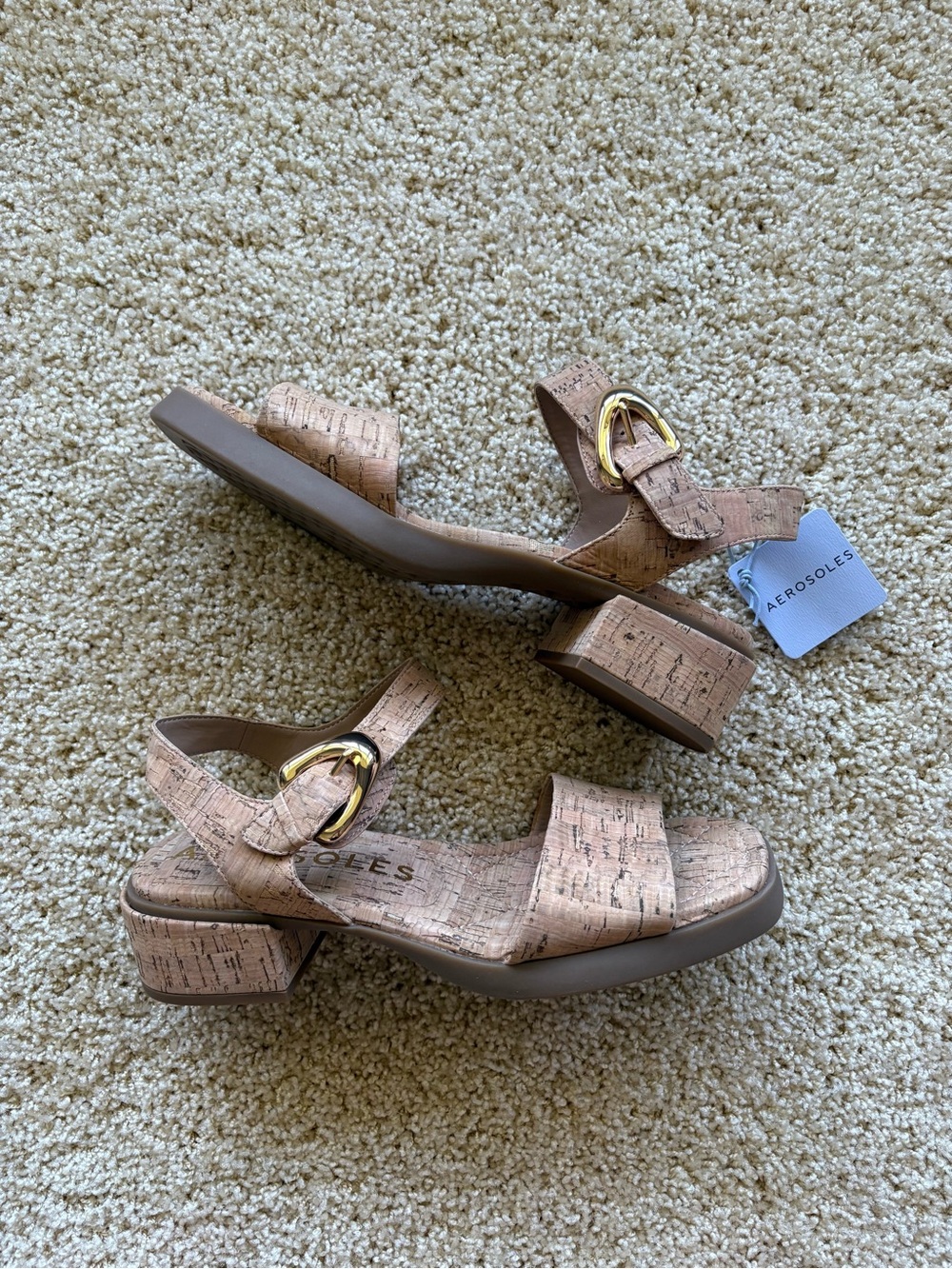 Aerosoles Dorian Cork Block Heel Sandals Tan Gold Buckle 9W Wide NWT